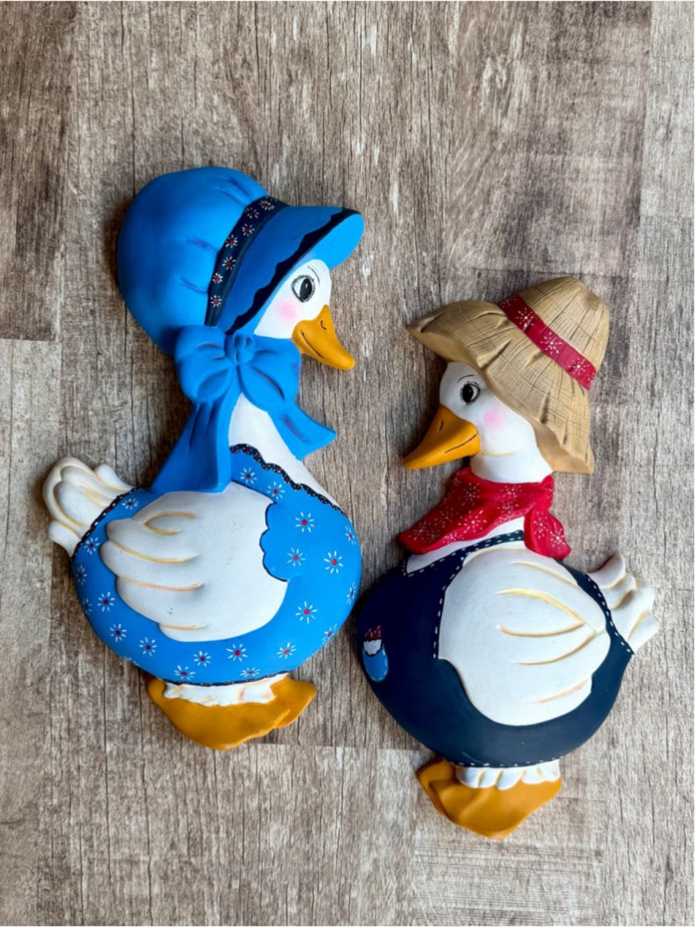 Vintage 1991 Ceramic Country Goose Wall Plaques Pair Bonnet Overalls Farmhouse D